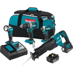 Best deal ❤️ Power Tool Combo Kits Makita 18-Volt 4-Piece 5.0Ah LXT Lithium-Ion Brushless Cordless Combo Kit 🔨 Hammer Drill/ Impact Driver/ Recipro Saw/ Flashlight 🔥