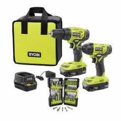 New ⌛ Power Tool Combo Kits RYOBI 18-Volt ONE+ Cordless 2-Tool Combo Kit W/ (2) 1.5Ah Batteries, Charger & Bag W/ BONUS Impact Rated Driving Kit (70Piece) 🎁