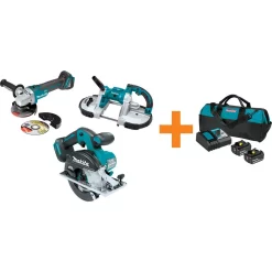 New 🔔 Power Tool Combo Kits Makita 18-Volt LXT Brushless Cut-Off/Angle Grinder, Metal Cutting Saw And Portable Band Saw With Bonus 18V LXT Starter Pack 😉