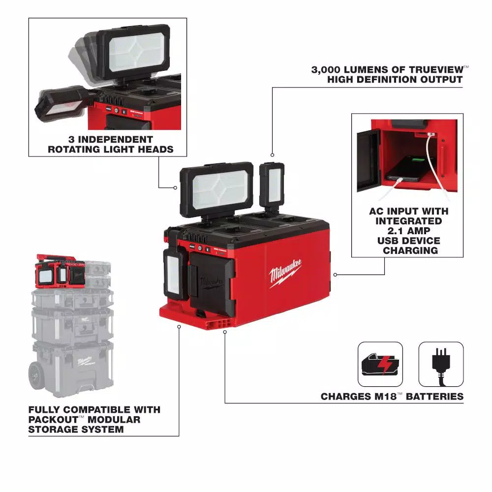 Wholesale ๐ Specialty Power Tools Milwaukee M18 18-Volt Lithium-Ion Cordless PACKOUT 3000 Lumens LED Light With Built-In Charger โ๏ธ 4 Wholesale ๐ Specialty Power Tools Milwaukee M18 18-Volt Lithium-Ion Cordless PACKOUT 3000 Lumens LED Light With Built-In Charger โ๏ธ - Image 2