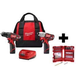 New 👏 Power Tool Combo Kits Milwaukee M12 12-Volt Lithium-Ion Cordless Drill Driver/Impact Driver Combo Kit (2-Tool) With Two 1.5 Ah Batteries And Bit Set ✨